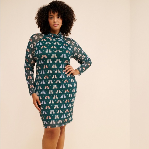 Rachel Antonoff Dog Patterned Teal Mesh Dress - Picture 4 of 5
